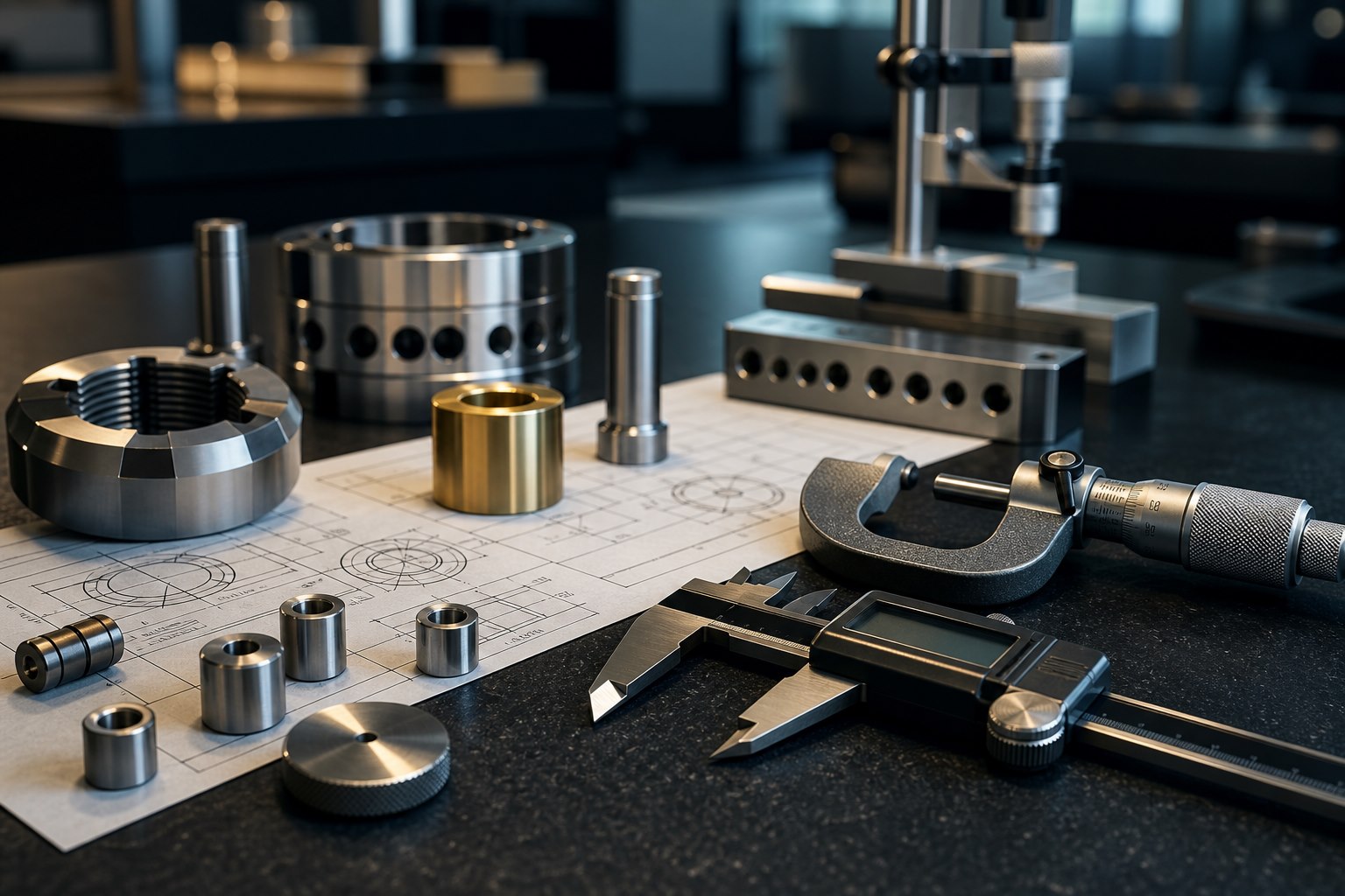Precision inspection tools and machined tooling on a quality bench
